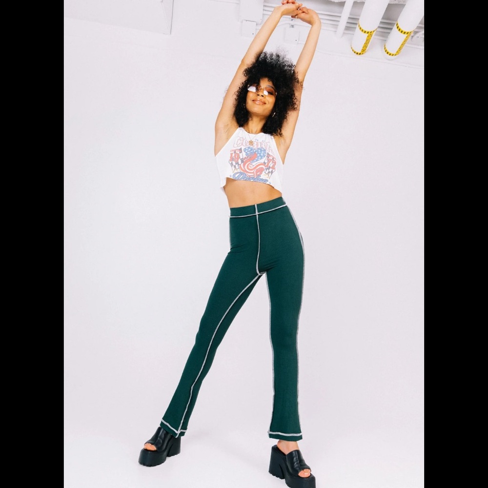 Dark Green Leggings with White Stitching